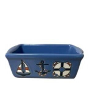 Nantucket Home Nautical Cobalt Blue Ceramic Loaf Pan Sailboat Anchor Life Ring